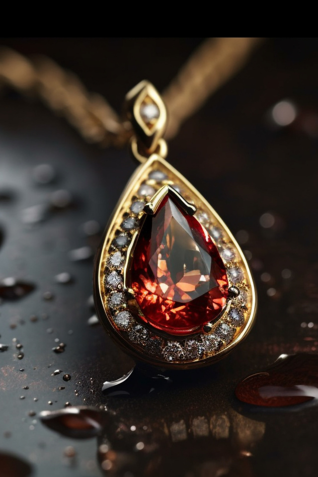 Кулон с красным камнем на мокрой поверхности 