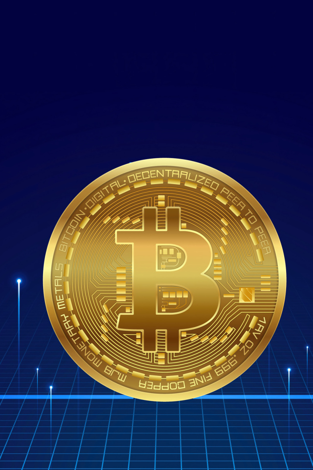 Золотая монета биткоин на синем фоне с неоновыми  лучами