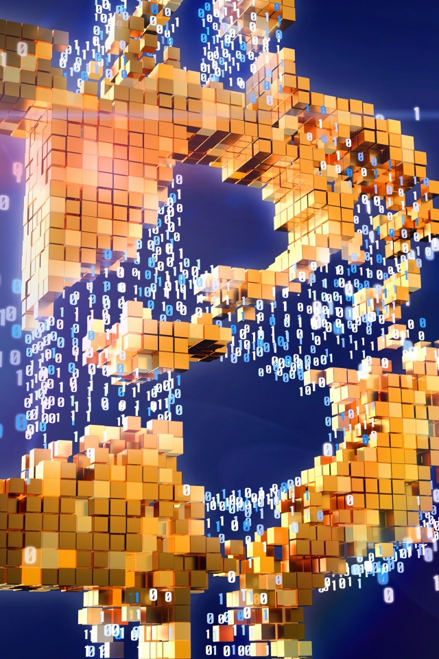 Значок биткоин разрушается на числа и пиксели