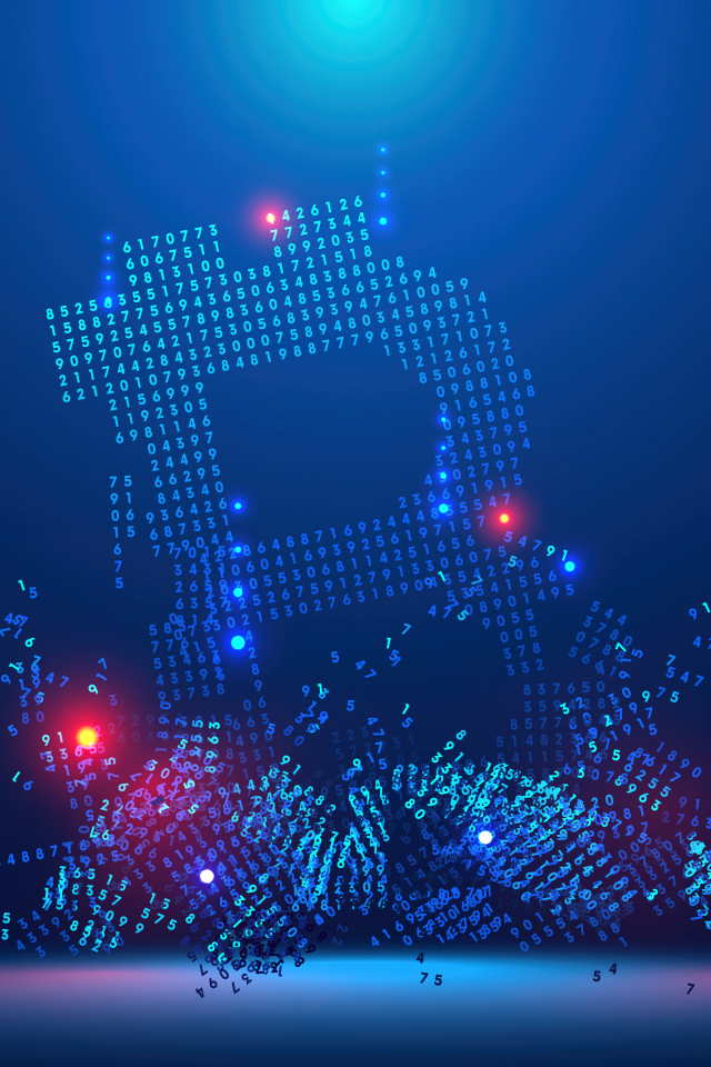 Значок биткоин разрушается на числовой код на синем фоне