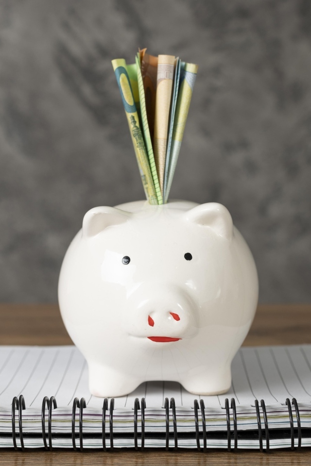 Свинья копилка с купюрами на столе с блокнотом