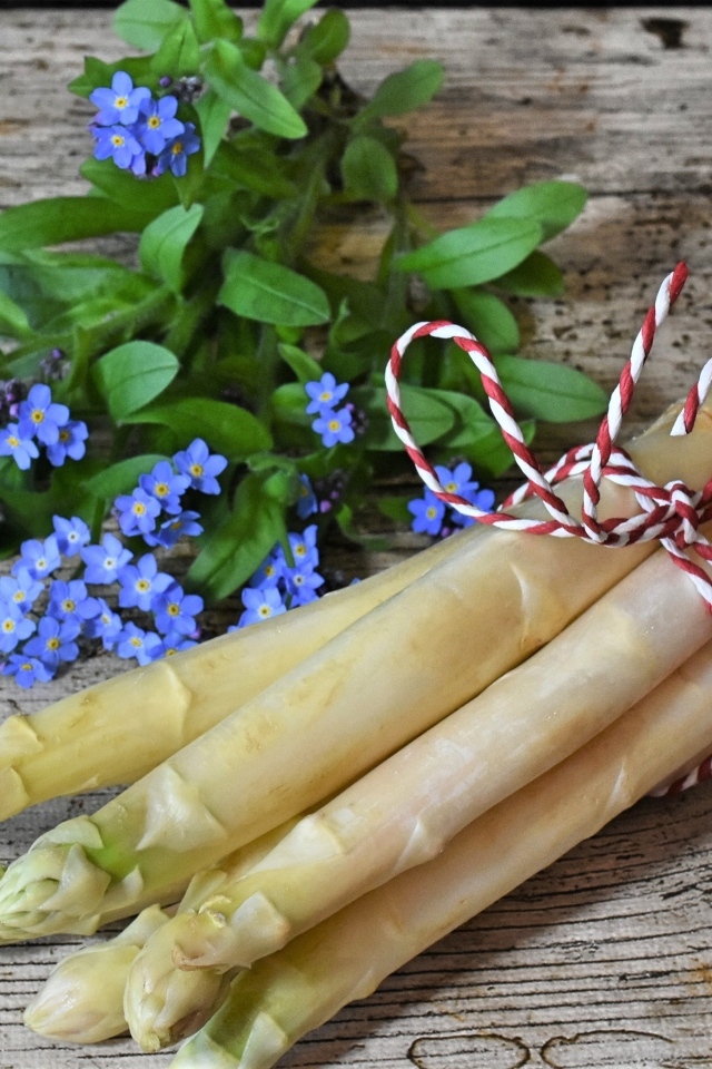 Спаржа на столе с цветами незабудки