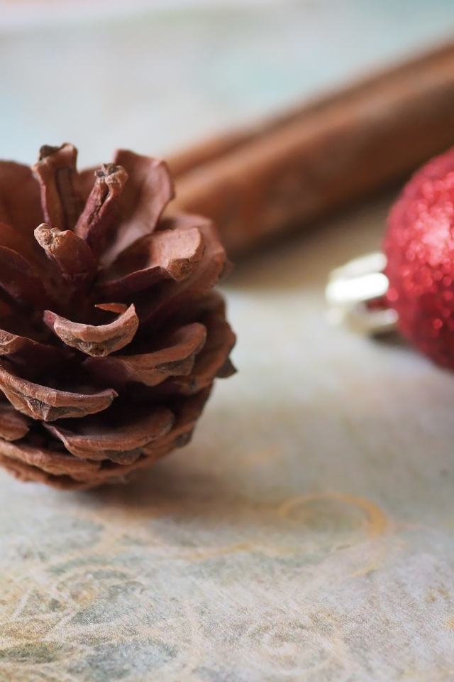 Шишка, шарик и корица на столе