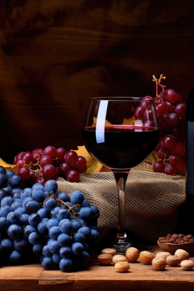 Синий и розовый виноград на столе с вином 