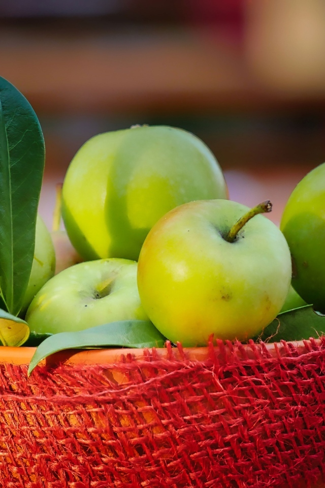 Зеленые яблоки в ведре крупным планом