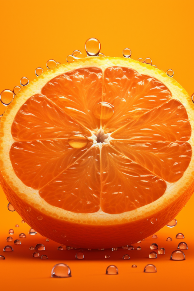 Половинка апельсина в каплях воды на оранжевом фоне