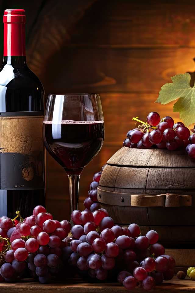 Розовый виноград на столе с вином