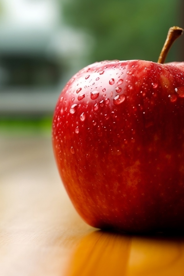 Красное яблоко в каплях воды на столе