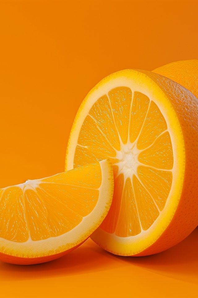 Спелый оранжевый апельсин на оранжевом фоне