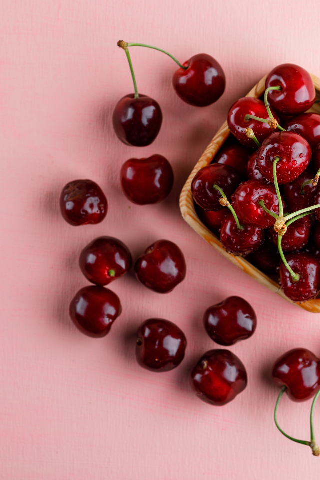 Спелые сладкие красные черешни на розовом фоне