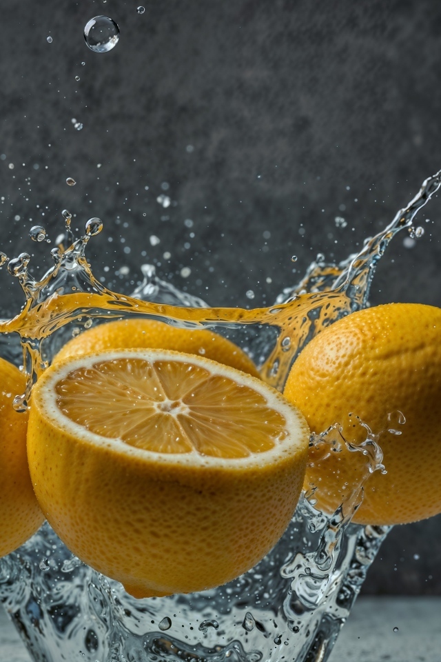Желтый лимон в брызах воды на сером фоне