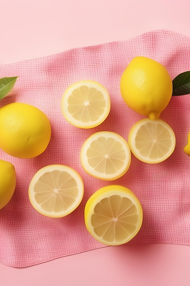 Желтые лимоны с полотенцем на розовом фоне
