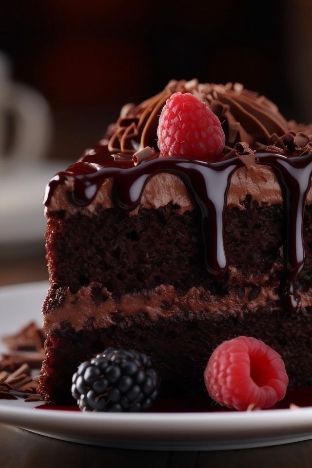 Кусок шоколадного торта с кремом и ягодами на тарелке