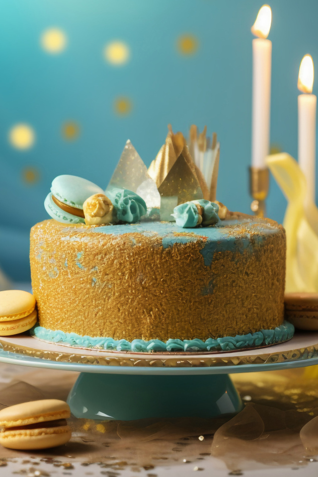 Торт на день рождения в голубой глазури с макарунами