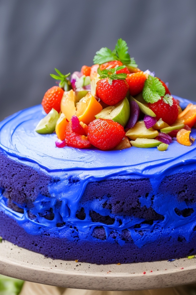 Голубой торт с ягодами на сером фоне