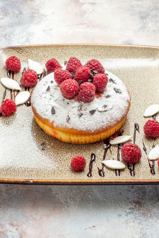 Пирожное с сахарной пудрой и малиной на тарелке