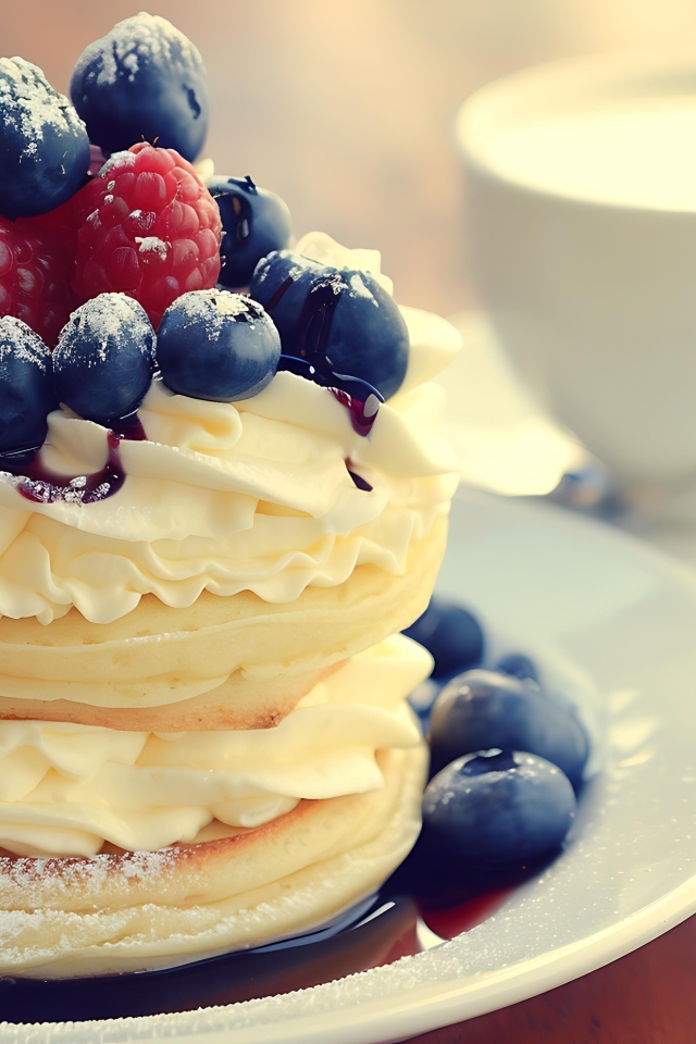 Сырники с кремом и ягодами на столе на завтрак