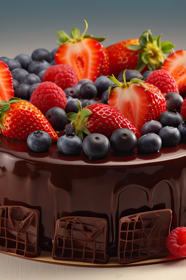 Торт в шоколаде с ягодами черники, клубники и малины