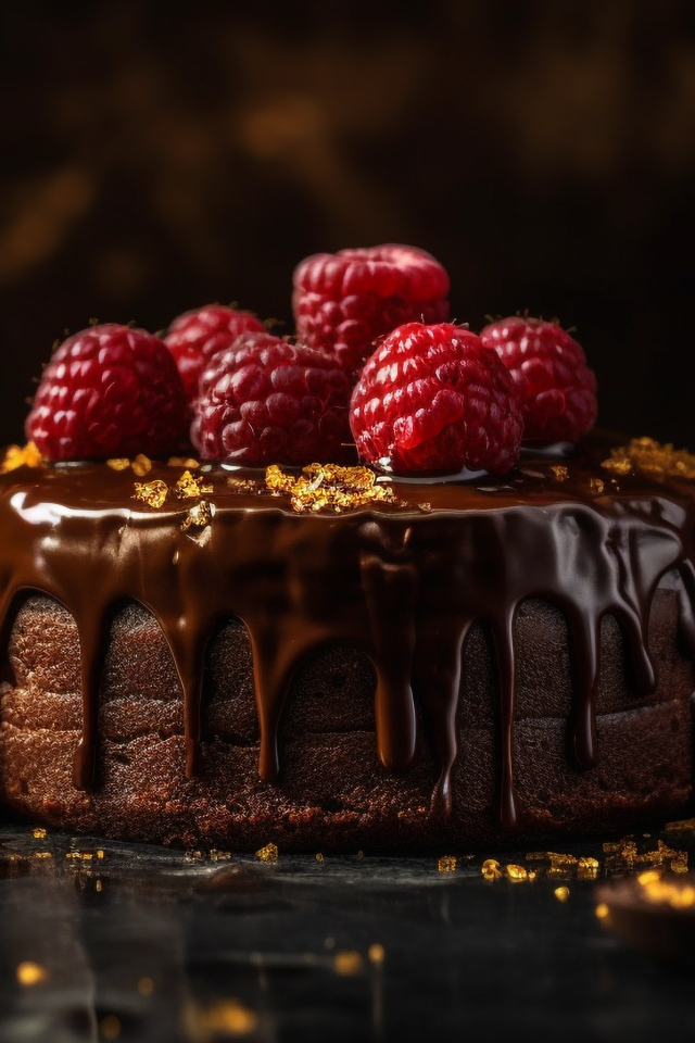 Торт в шоколаде с ягодами малины