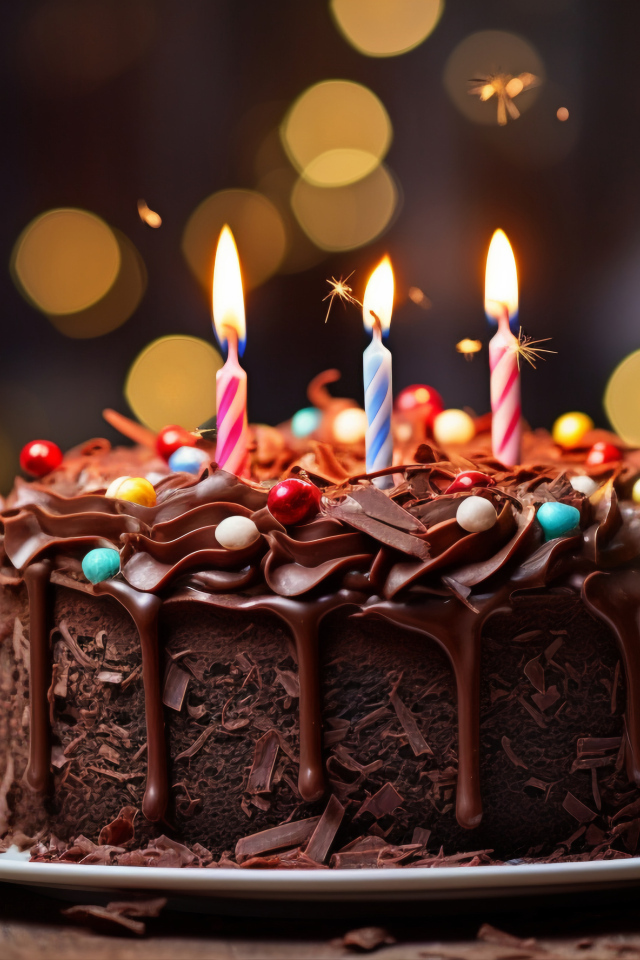 Шоколадный торт с тремя зажженными свечками