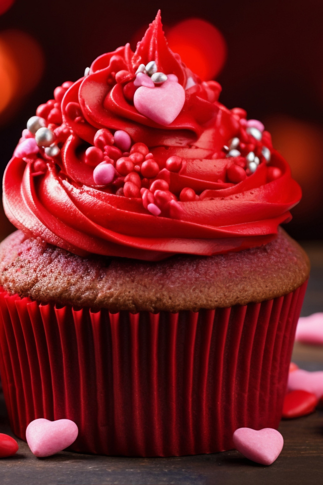 Кекс с красным кремом, розой и конфетами