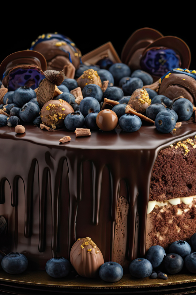 Аппетитный торт в шоколаде с конфетами и ягодами черники