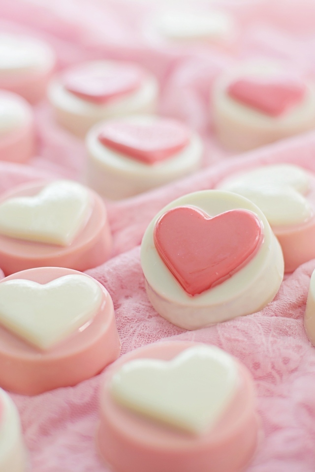 Розовые конфеты с сердечками на ткани