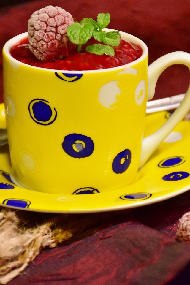 Малиновый сорбет с ягодами на столе в чашке