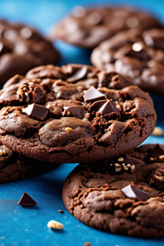 Круглое печенье с шоколадной крошкой на синем столе