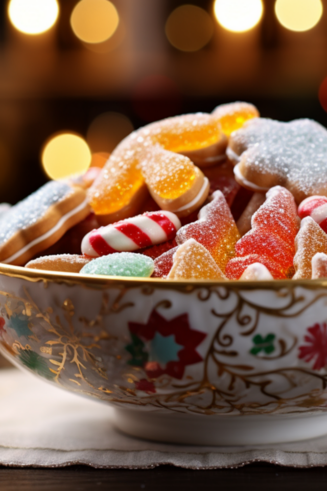Сладкие праздничные конфеты в тарелке на столе