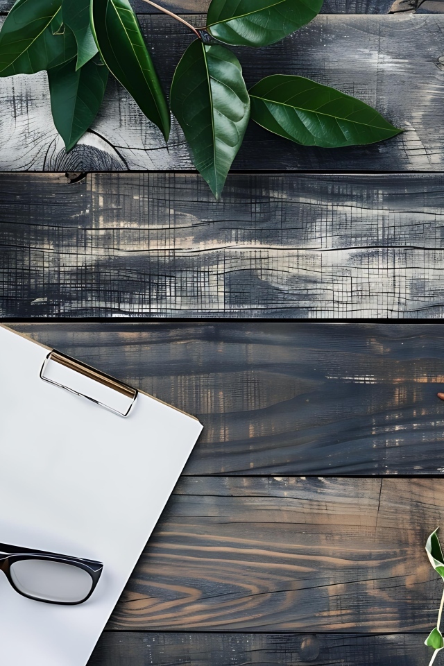 Кофе на столе с блокнотом, очками и зелеными листьями