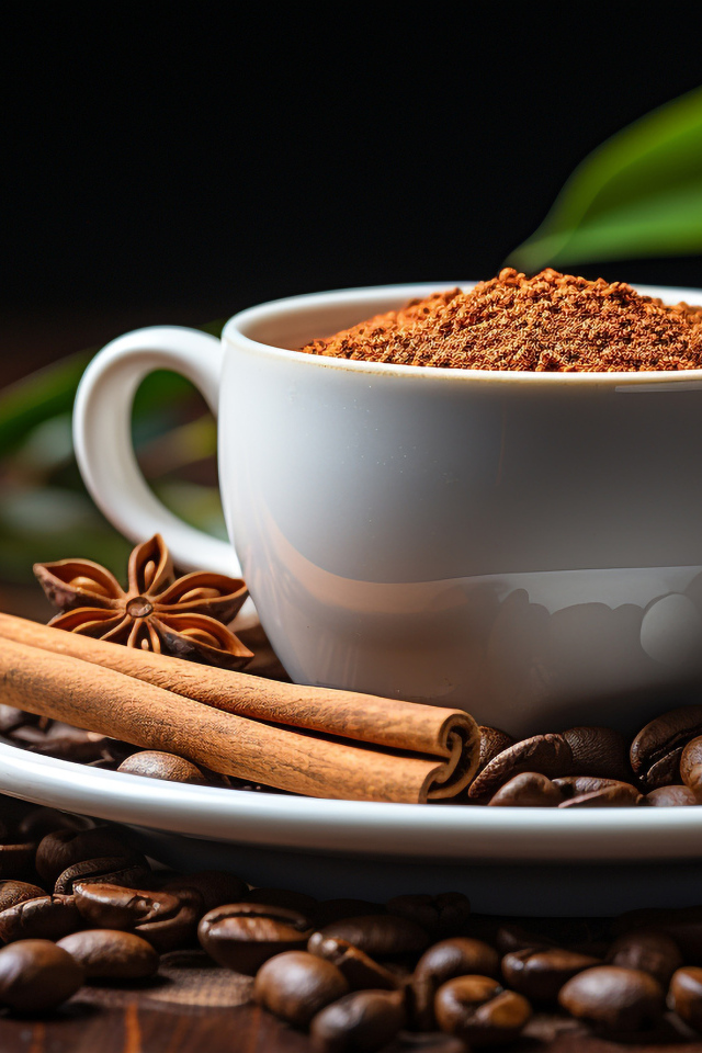 Чашка с молотым кофе и зернами на столе с корицей