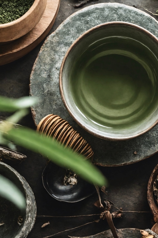 Зеленый чай с посудой на столе