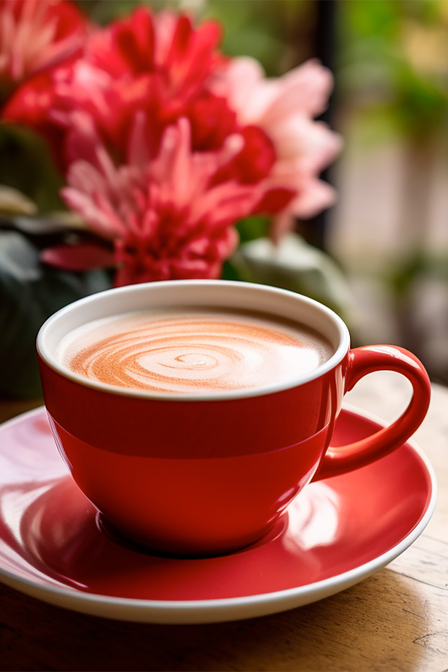 Большая красная чашка кофе на столе с цветами