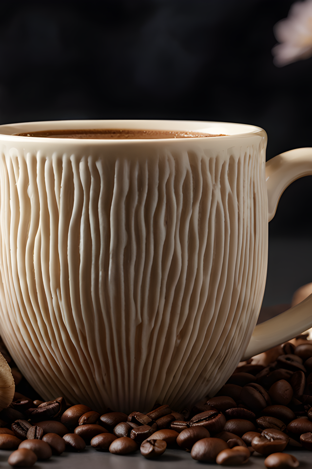 Необычная кружка на столе с грибами и кофейными зернами