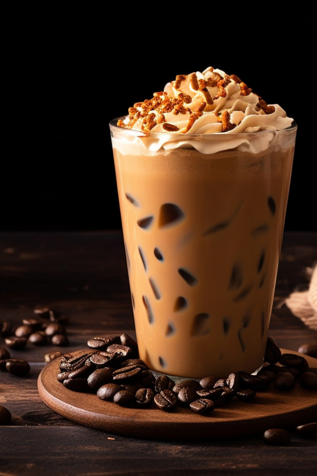 Напиток со взбитыми сливками на столе с кофейными зернами
