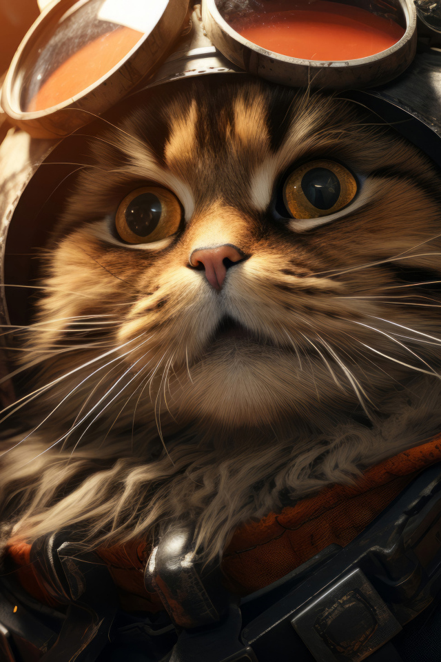 Пушистый серый кот пилот в шлеме