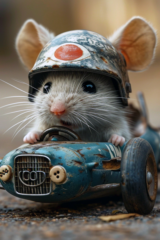 Маленький серый мышонок на игрушечном автомобиле