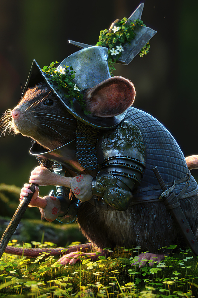 Маленькая мышка в доспехах с оружием