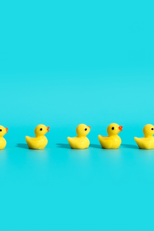 Маленькие игрушечные утята на голубом фоне