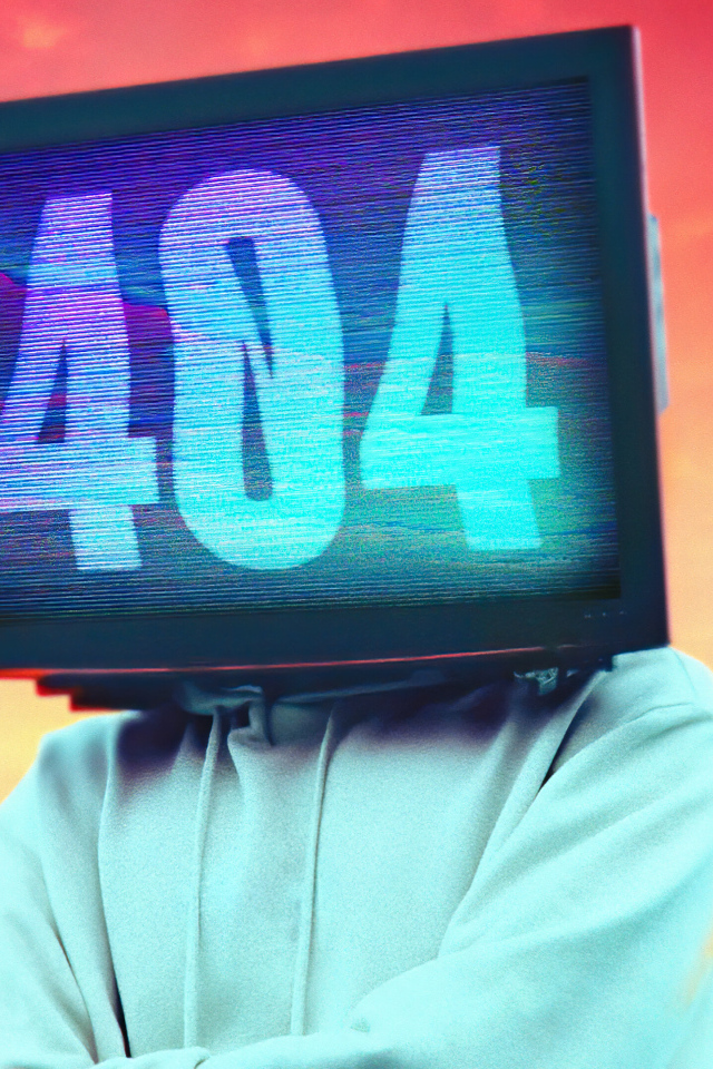 Монитор на лице с ошибкой 404 на красном фоне