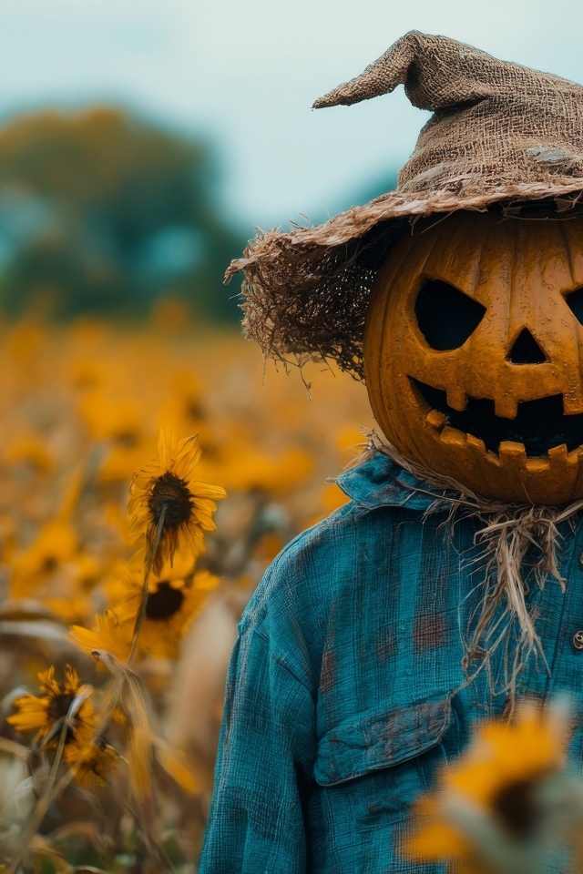 Пугало из тыквы в рубашке на поле