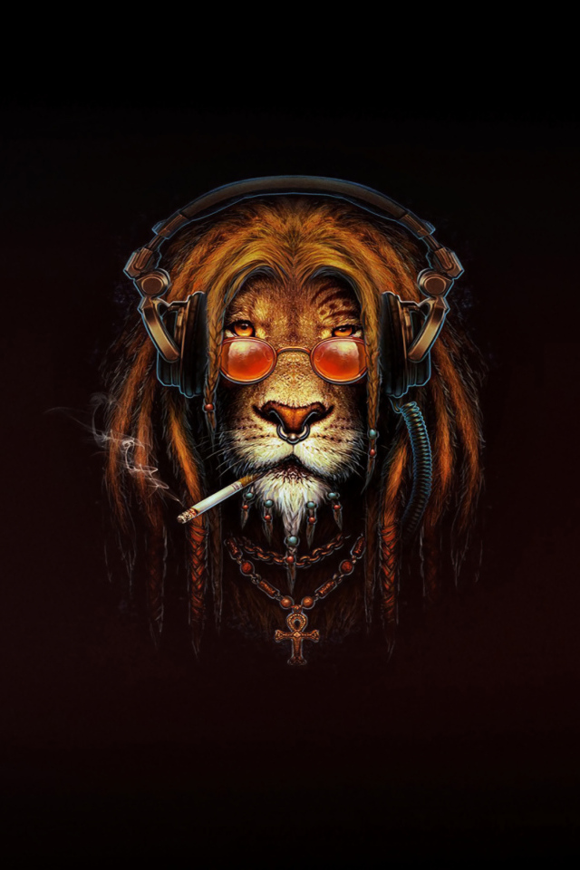 Лев растаман с сигаретой на черном фоне