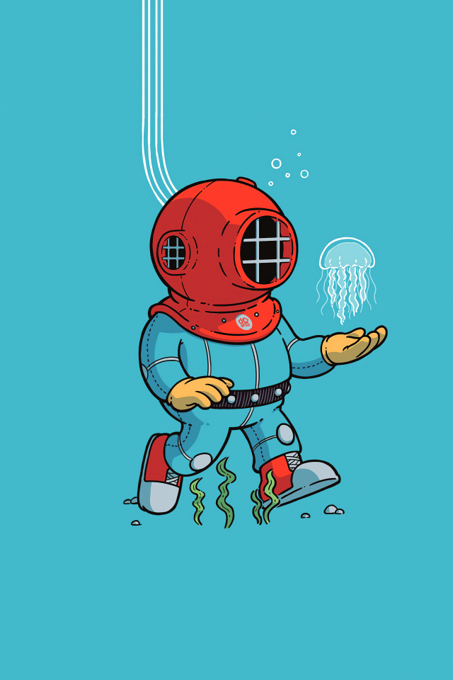 Аквалангист под водой на голубом фоне