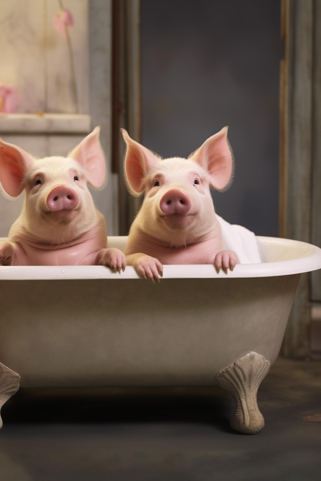 Два розовых поросенка в ванной