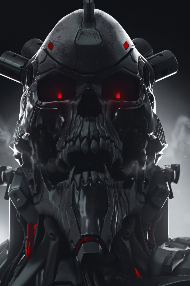 Злой солдат андроид на сером фоне