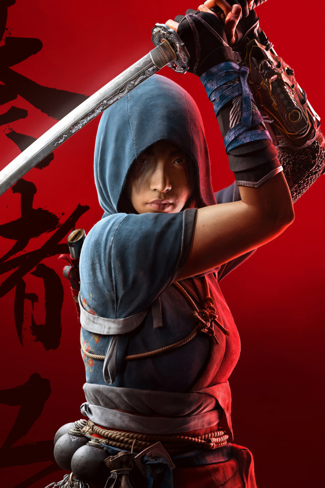 Красивая девушка самурай с катаной на красном фоне компьютерная игра Assassin’s Creed Shadows