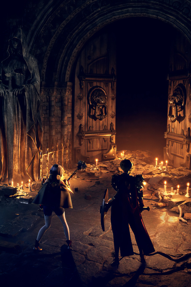 Персонажи у ворот в компьютерной игре Dungeon Stalkers, 2024