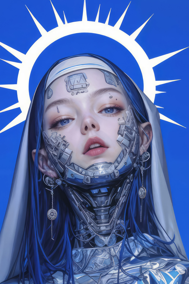 Девушка киборг cyberpunk на синем фоне