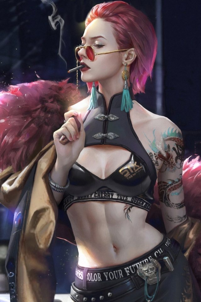 Девушка cyberpunk с сигаретой во рту